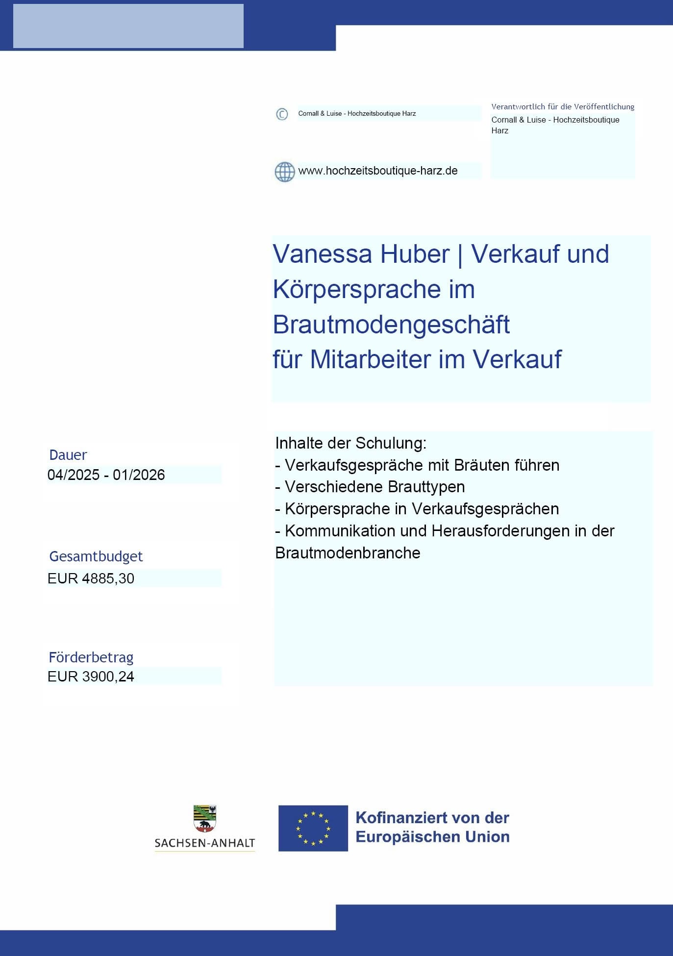 Schulungsplakat Verkauf und Körpersprache im Brautmodengeschäft, EU-Förderung
